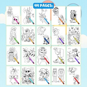 May include: A coloring book with 44 pages, featuring various whimsical illustrations. Each page has a different cartoon character or scene, with a colored pencil next to each image. The text "44 PAGES:" is at the top.