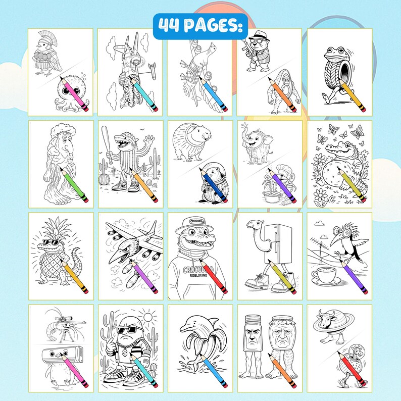 May include: A coloring book with 44 pages, featuring various whimsical illustrations. Each page has a different cartoon character or scene, with a colored pencil next to each image. The text "44 PAGES:" is at the top.