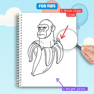 May include: Spiral-bound drawing pad with a black and white illustration of a gorilla in a banana peel. The pad has the text "FOR KIDS" and "Thick clear lines" and "Bright print" on the image.