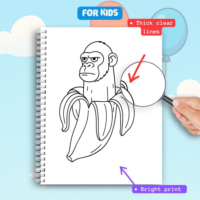 May include: Spiral-bound drawing pad with a black and white illustration of a gorilla in a banana peel. The pad has the text "FOR KIDS" and "Thick clear lines" and "Bright print" on the image.
