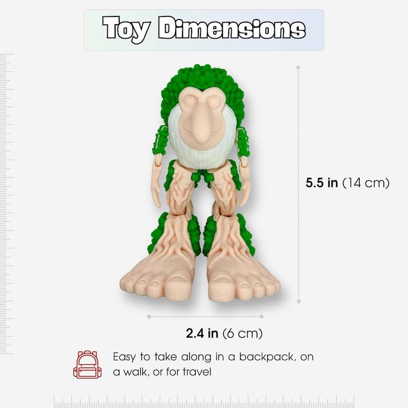 May include: A quirky toy figure with a green, leafy head and limbs, and a light beige face and feet. The toy is 14 cm tall and 6 cm wide. The image includes the text: "Easy to take along in a backpack, on a walk, or for travel."