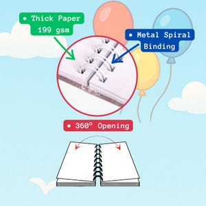 May include: An open notebook with a metal spiral binding, thick paper (199 gsm), and a 360&deg; opening. The image features a close-up of the notebook's binding and open pages, with colorful balloons in the background.