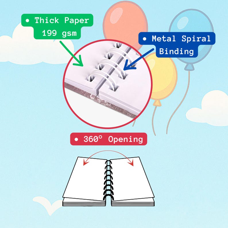 May include: An open notebook with a metal spiral binding, thick paper (199 gsm), and a 360&deg; opening. The image features a close-up of the notebook's binding and open pages, with colorful balloons in the background.