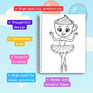 May include: A spiral-bound notebook with a black and white illustration of a ballerina in a coffee cup. The notebook has a white cover and the text "High-quality production", "Thoughtful design", "Convenient size", "Durable binding", "High-quality clear printing", and "Dense and Durable Paper".