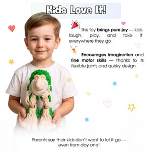 May include: A child smiles while holding a quirky toy with a green, leafy head and beige body. The toy has flexible joints. Text on the image reads "Kids Love It!" and "Encourages imagination and fine motor skills - thanks to its flexible joints and quirky design."