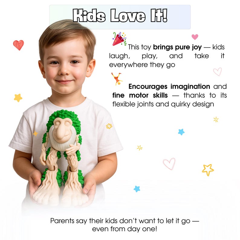 May include: A child smiles while holding a quirky toy with a green, leafy head and beige body. The toy has flexible joints. Text on the image reads "Kids Love It!" and "Encourages imagination and fine motor skills - thanks to its flexible joints and quirky design."
