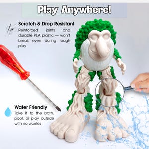 May include: A quirky toy figure with a large nose, green hair, and tree-like legs. The text "Play Anywhere!" is at the top. The image also includes the text "Scratch & Drop Resistant" and "Water Friendly". A red screwdriver and a magnifying glass are also in the image.
