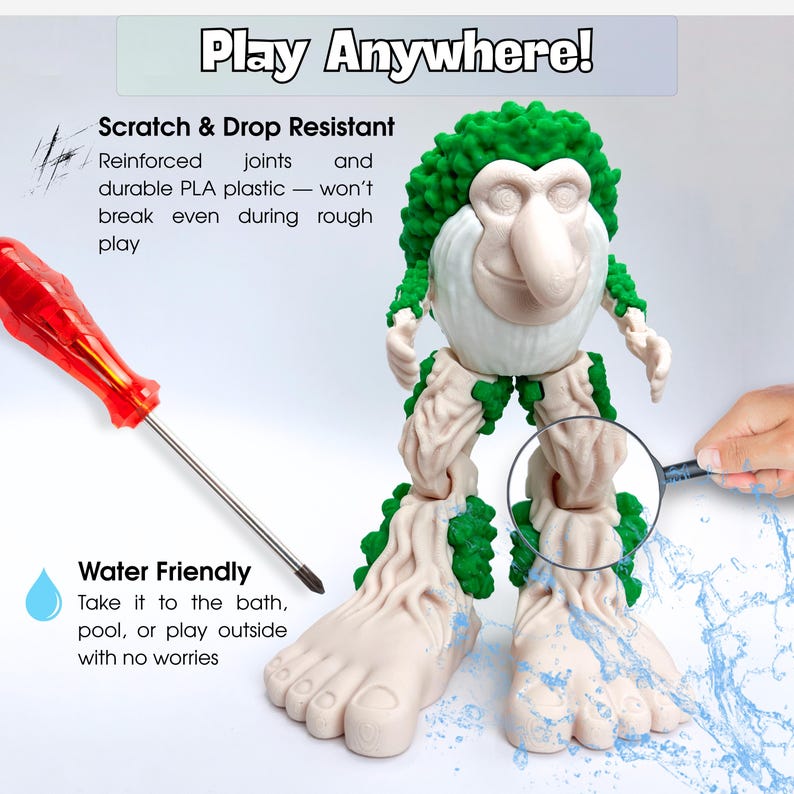 May include: A quirky toy figure with a large nose, green hair, and tree-like legs. The text "Play Anywhere!" is at the top. The image also includes the text "Scratch & Drop Resistant" and "Water Friendly". A red screwdriver and a magnifying glass are also in the image.