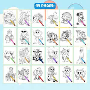 May include: A coloring book with 44 pages featuring whimsical illustrations of animals and objects, each accompanied by a colored pencil. The illustrations include a crocodile, elephant, and a tiger.