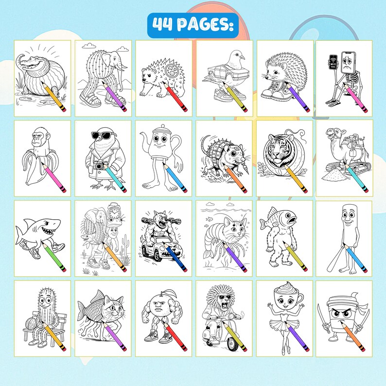 May include: A coloring book with 44 pages featuring whimsical illustrations of animals and objects, each accompanied by a colored pencil. The illustrations include a crocodile, elephant, and a tiger.