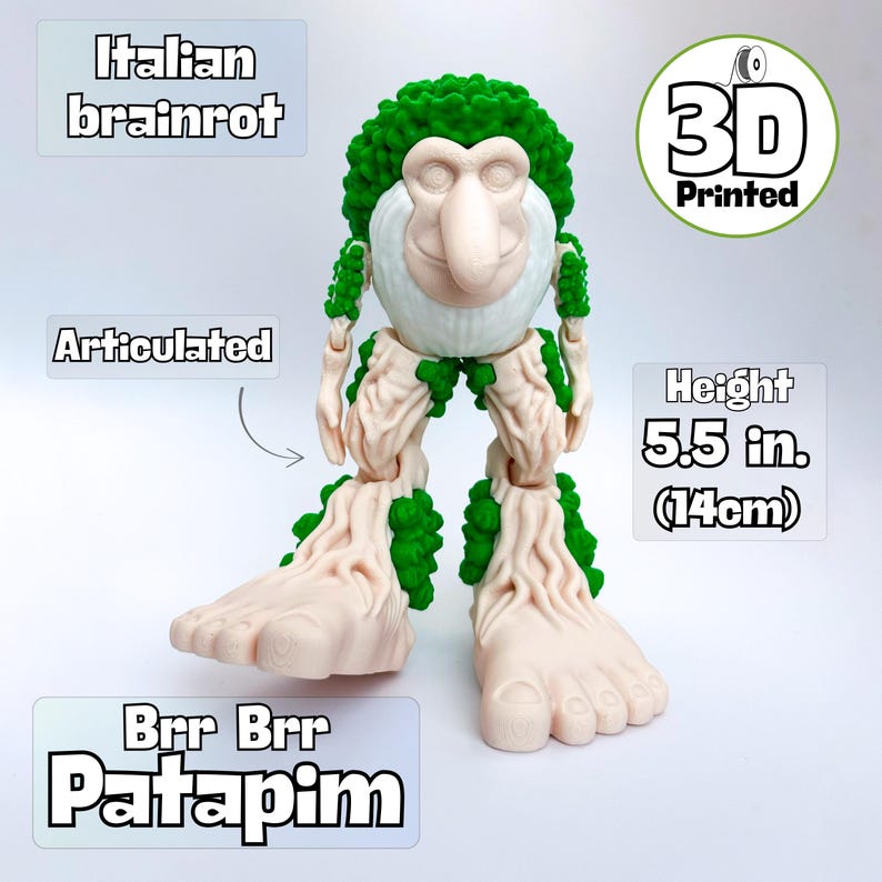 May include: A 3D-printed articulated figure with a white face, large nose, and green hair and accents. The figure is 14 cm tall and has the text "Italian brainrot" and "Brr Brr Patapim".