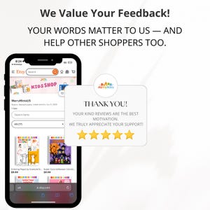 May include: A smartphone screen shows an Etsy shop with colouring books and a customer review. The review displays five gold stars and the text "THANK YOU!" and "We Value Your Feedback!" The shop is named MerryMinisUS.