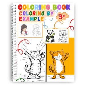 May include: A spiral-bound coloring book with the title "COLORING BOOK COLORING BY EXAMPLE" in colorful letters. The cover features illustrations of a girl, a panda, and two cats, with a "3+" age rating.