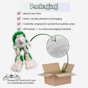 May include: A quirky figurine with a green, textured head and limbs, and a white face and feet. The image shows the packaging process, including bubble wrap and a cardboard box. Text reads: "Packaging", "Brand new item", "Neat, visually pleasant packaging", "Carefully wrapped in protective bubble wrap", "Gift-ready - no extra packaging needed".