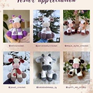 K&ouml;nnte beinhalten: Eine Collage von sechs handgefertigten geh&auml;kelten Kuh-Pl&uuml;schtieren in verschiedenen Farben, darunter Lila, Braun, Grau und Rot. Jede Kuh hat einzigartige Markierungen und Details. Der Text "Tester appreciation" steht oben.