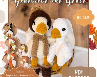 Könnte beinhalten: Zwei Plüschgänse aus weißem Garn mit orangefarbenen Schnäbeln und Füßen. Eine Gans trägt eine braune Mütze, einen Schal und Stiefel. Der Text lautet Genevieve the Goose, NO-SEW, PDF PATTERN und enthält Kürbis-, Hexen-, Pilz- und Winteroutfits.