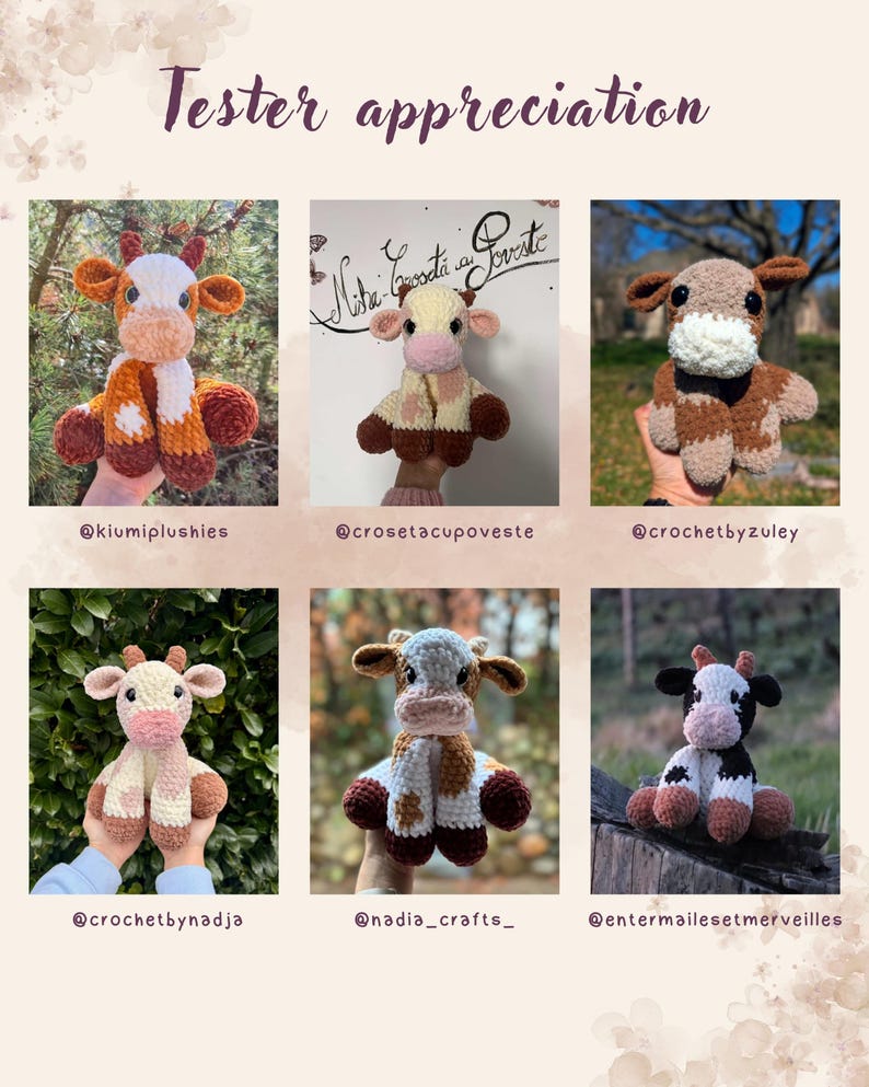 K&ouml;nnte beinhalten: Ein Bild mit sechs handgefertigten geh&auml;kelten Kuh-Pl&uuml;schtieren in verschiedenen Farben und Designs. Der Text "Tester appreciation" steht oben. Jedes Pl&uuml;schtier hat einzigartige Merkmale, darunter Schals und unterschiedliche Farbmuster. Social-Media-Handles sind enthalten.