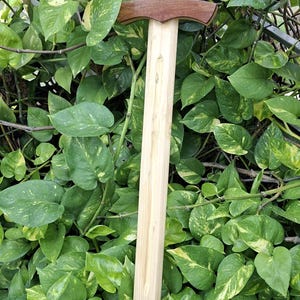 Pode incluir: Uma espada de madeira com uma lâmina de cor clara e uma empunhadura castanha. O cabo é envolto em material preto. A espada é exibida contra um fundo de folhagem verde.