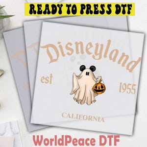 The image is a promotional poster for Disneyland, featuring a ghost character holding a pumpkin and the text "Disneyland est 1955 California WorldPeace Df" along with a "Ready to Press Df" text.