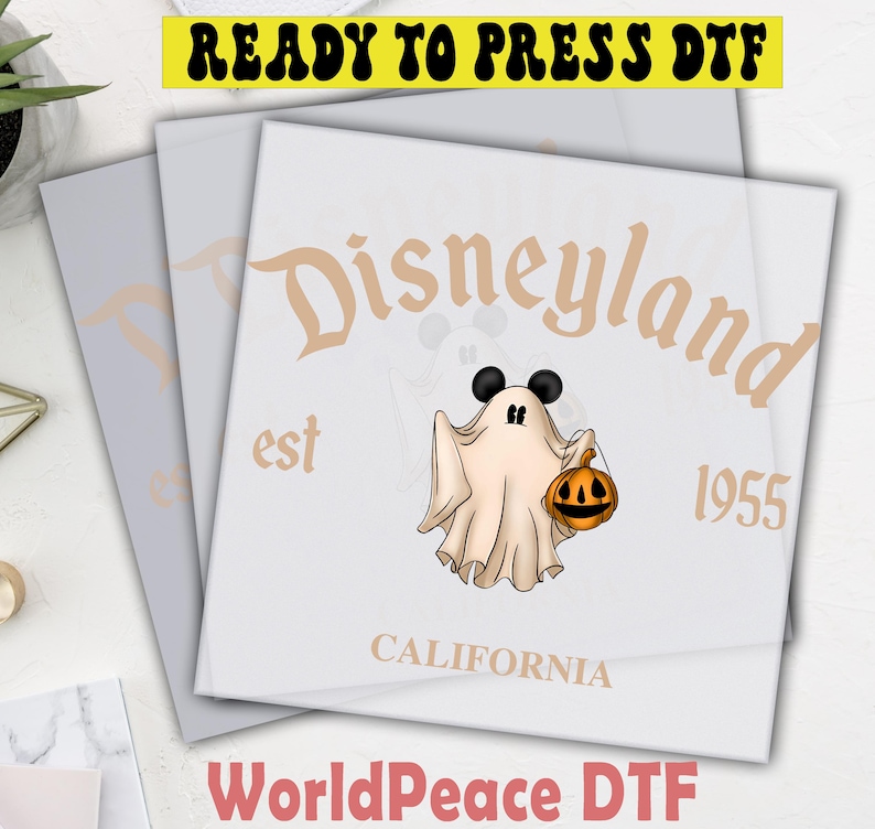 The image is a promotional poster for Disneyland, featuring a ghost character holding a pumpkin and the text "Disneyland est 1955 California WorldPeace Df" along with a "Ready to Press Df" text.