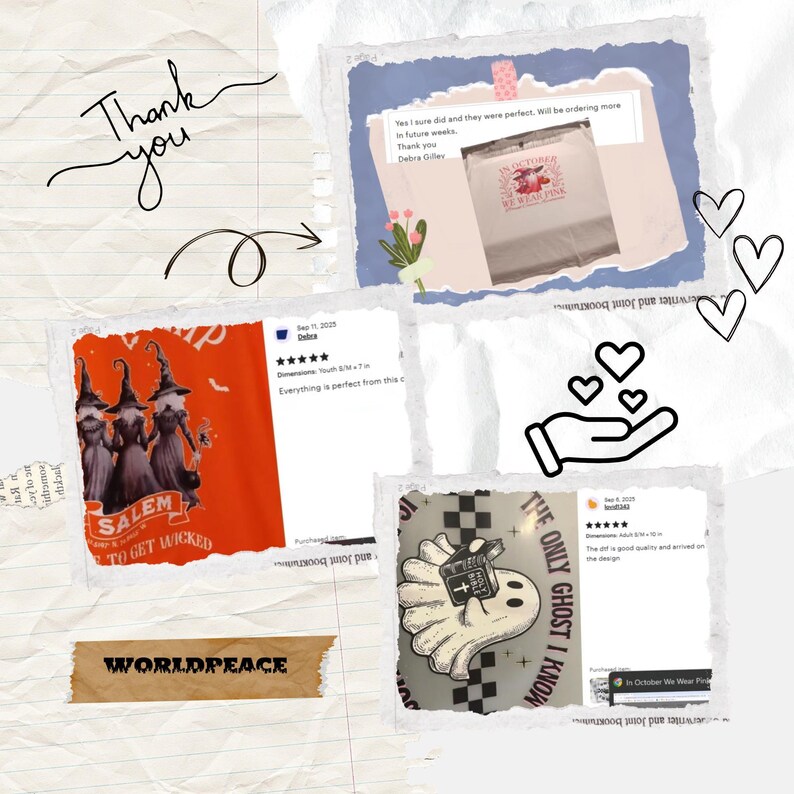 The image is a collage of various images, including a hand holding a sign, a handbag, and a Halloween-themed image. The collage also includes text elements such as "Thank you" and "WORLDPEACE" along with a rating and description.