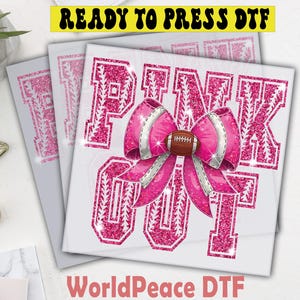 The image is a collage of three images, with the central image featuring a large pink bow with a football on it, surrounded by the words "PINK OUT" in a glittery font.