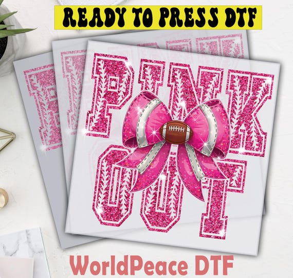 Pink Out Football DTF Transfer, Glitter Bow Design, Breast Cancer Awareness, Ready To Press, Heat Press,Direct To Film, High Quality Print
