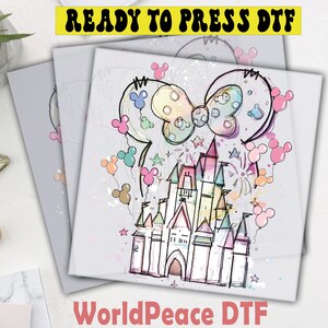 The image is a collage of three images, each depicting a castle with Mickey Mouse characters floating around it. The collage is titled "WorldPeace DTF" and includes the text "Ready to Press DTF" in the top left corner.