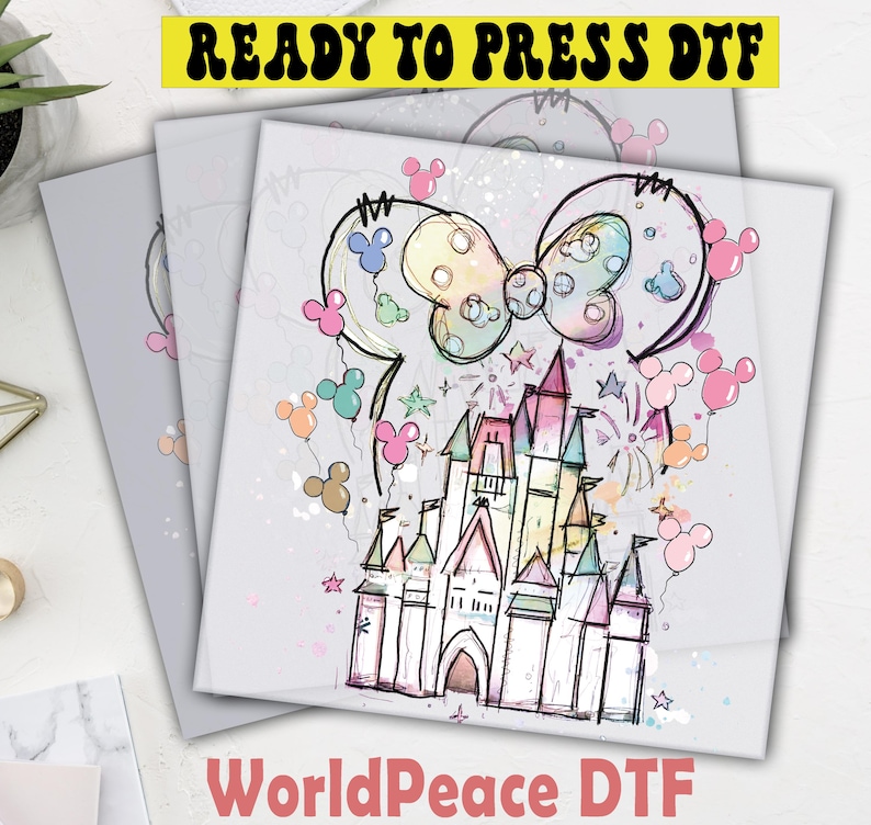 The image is a collage of three images, each depicting a castle with Mickey Mouse characters floating around it. The collage is titled "WorldPeace DTF" and includes the text "Ready to Press DTF" in the top left corner.