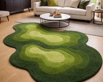 Green Irregular Tufted Rug Organic Shape Amoeba Wool Carpet Modern High Low Mat