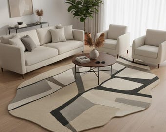 Hand-Tufted Wool Rug – Beige & Gray Abstract Geometric Carpet