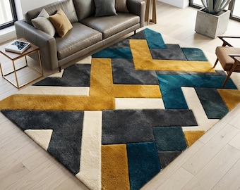 Modern Geometric Area Rug, Abstract Teal Mustard Grey Color Block