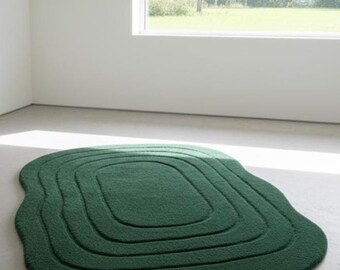 Hand-Tufted Irregular Shape Green Rug – Modern Solid Embossed Wool Carpet for Home Decor