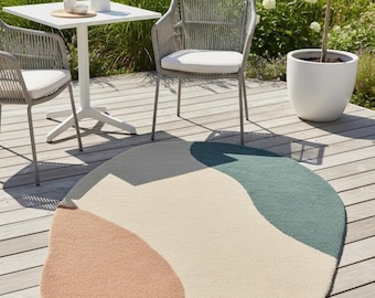 Hand Tufted Wool Rug, Irregular Pebble Shape, Sage Green Terracotta Abstract Floor Art