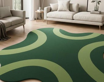 Hand Tufted Wool Wavy Rug, Abstract Green Sage Moss Texture, Modern Living Room Carpet