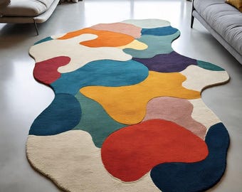 Alfombra de lana tejida a mano / Forma irregular abstracta multicolor