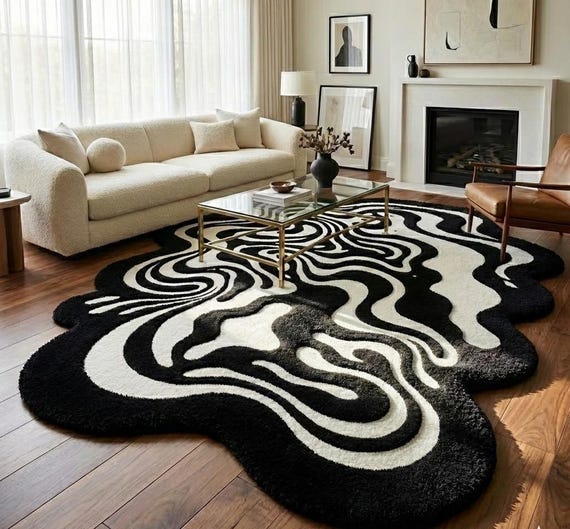 Black Ivory Abstract Wool Rug – Modern Irregular Handmade Area Carpet