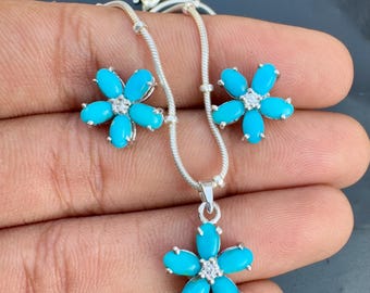 Natürliche Türkis Blumen Schmuck Set | Sterling Silber Halskette & Ohrringe | Geschenk für sie