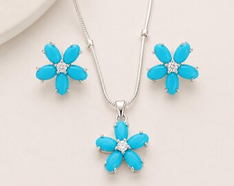 Natural Turquoise Flower Jewelry Set | Sterling Silver Necklace & Earrings | Gift For Her