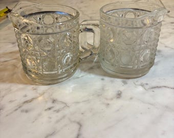 Vintage Pressed Glass Creamers Diamond Sunburst Pattern Clear Set of 2 Pitchers