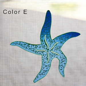 May include: A blue and green starfish with a textured design. The starfish is on a white background with a grid pattern.