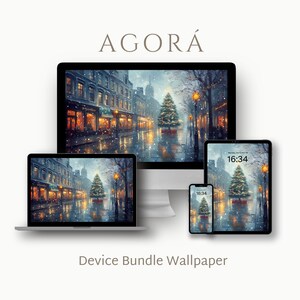 May include: A digital wallpaper bundle featuring a winter street scene with a Christmas tree. The image is displayed on a laptop, desktop computer, tablet, and smartphone. The word "AGORÁ" is at the top, and "Device Bundle Wallpaper" is at the bottom.