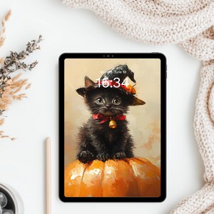 May include: A tablet displaying a digital illustration of a fluffy black kitten wearing a small witch hat and a red collar with a gold bell, sitting atop a large orange pumpkin. The screen shows the time 16:34 and the date Monday, June 18.