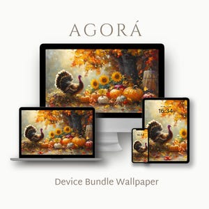 Autumn Harvest DIGITAL WALLPAPER SET, Turkey and Pumpkins Desktop Wallpaper, Fall Tablet Background, Thanksgiving Phone Wallpaper | DB004