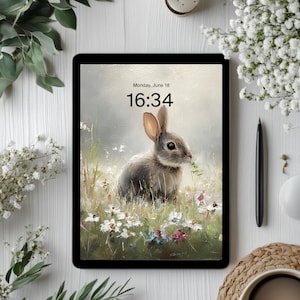 Może przedstawiać: Cyfrowy tablet wyświetla akwarelę szarego królika na polu dzikich kwiatów. Na ekranie wyświetlana jest godzina 16:34. Czarny rysik, biała mysz i tkany podkładka znajdują się obok tabletu.
