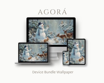 May include: A winter-themed digital wallpaper bundle featuring a snowman, deer, rabbits, and birds in a snowy forest scene. The word "AGORA" is at the top, and "Device Bundle Wallpaper" is at the bottom. The image is displayed on a computer, laptop, tablet, and phone.