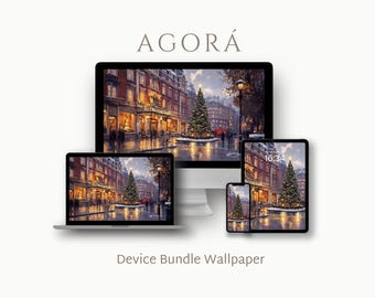 May include: A digital wallpaper bundle featuring a Christmas scene on various devices. The image shows a decorated Christmas tree in a city square, displayed on a laptop, desktop monitor, tablet, and smartphone. The word "AGORÁ" is at the top.