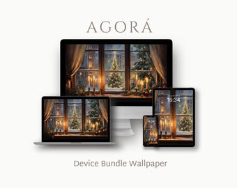 May include: A digital wallpaper bundle featuring a cozy Christmas scene displayed on various devices. The image shows a window with a Christmas tree, candles, and curtains. The word "AGORÁ" is at the top, and "Device Bundle Wallpaper" is at the bottom.