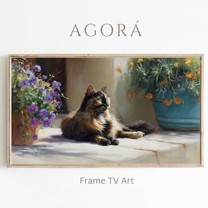 May include: A rectangular digital print titled AGORÁ Frame TV Art featuring an oil painting of a tortoiseshell cat resting on a stone surface between a terracotta pot with purple flowers and a blue planter with orange blossoms.