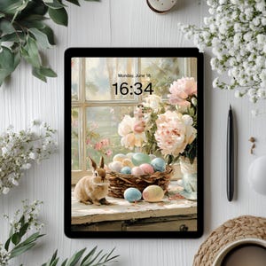 May include: A digital tablet displays a pastel Easter-themed illustration with a bunny, eggs, and flowers. The screen shows the time 16:34. The tablet is surrounded by white flowers, greenery, a stylus, and a coffee cup.